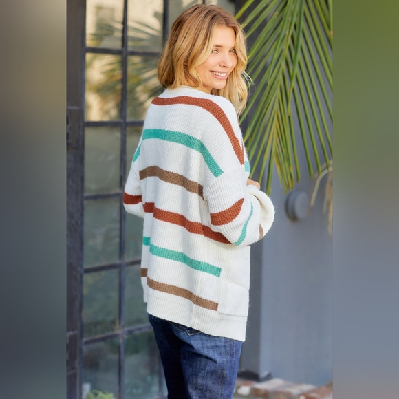 Women's Striped Open Front Dropped Shoulder Cardigan - Picture 2 of 6